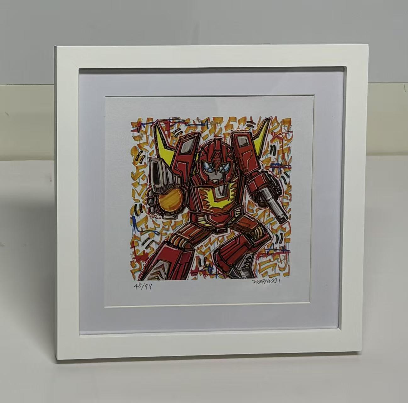 零元拍：歪歪亲笔签名 OWSON 系列作品装饰画《变形金刚》，已做装裱 木框相框尺寸28/28CM。因展品出展，镜框或亚克力可能有轻微划痕，介意勿拍