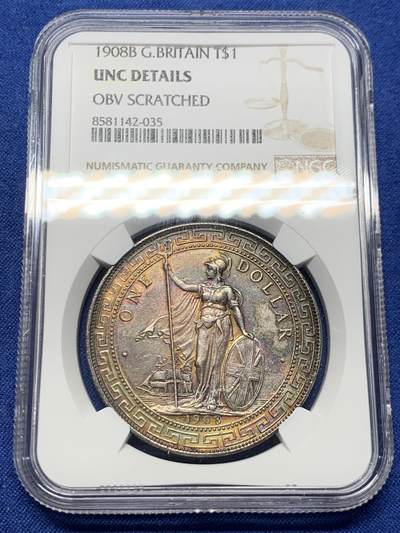 《竞宝斋》第419场 周日，周一，2场连拍 （全场包邮） - NGC UNCD 英国 贸易银 1908年 站洋 壹元 银币 经典品种