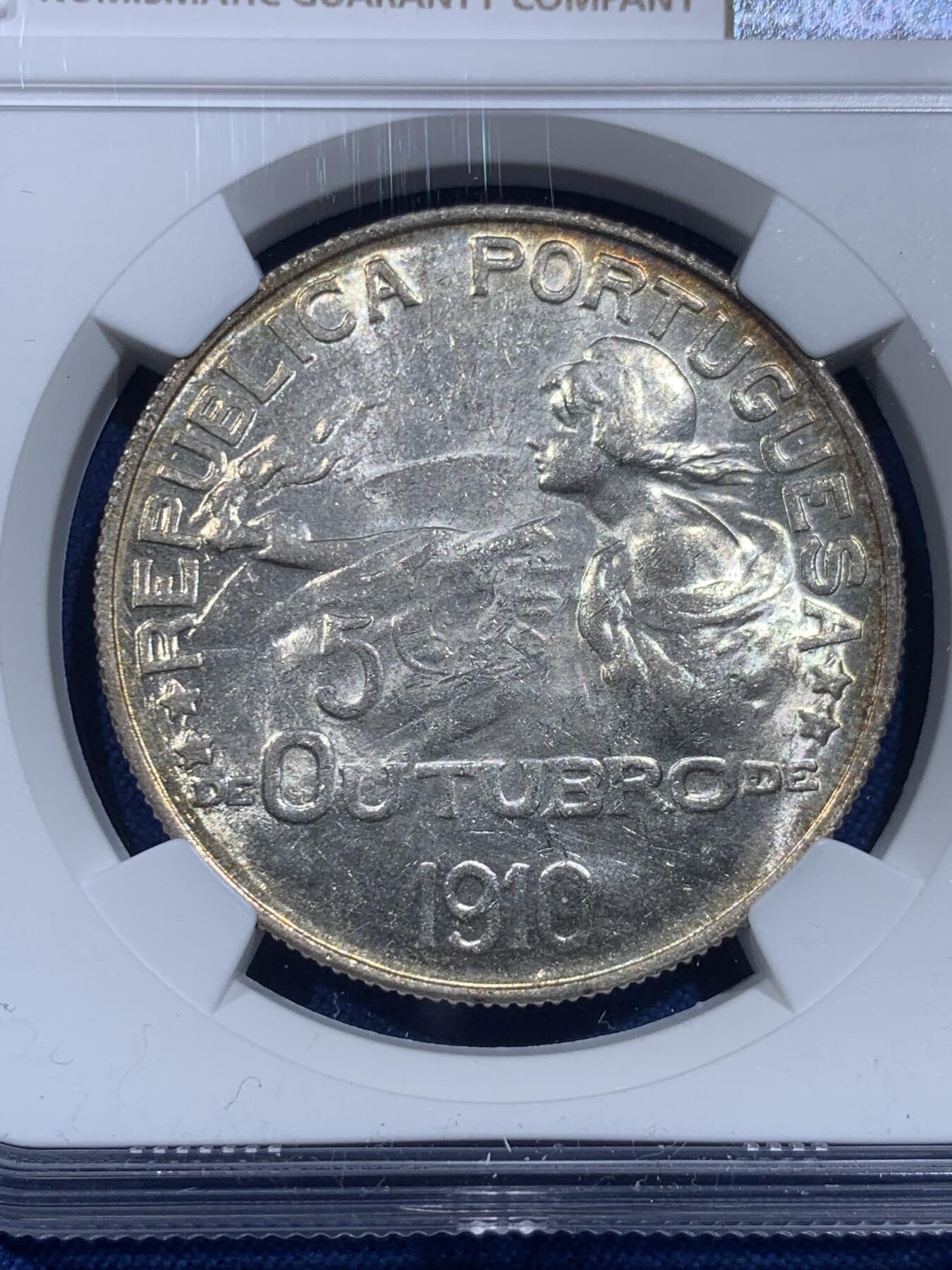 《竞宝斋》第419场 周日，周一，2场连拍 （全场包邮） NGC MS62 葡萄牙1910年共和国成立纪念大银币原光 少见品种
