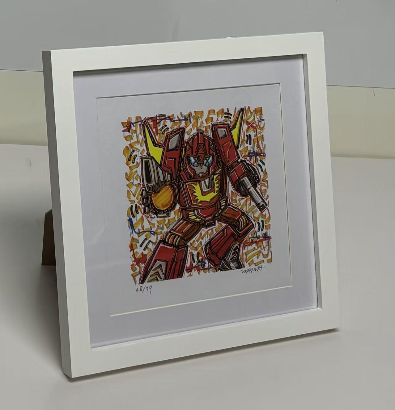 零元拍：歪歪亲笔签名 OWSON 系列作品装饰画《变形金刚》，已做装裱 木框相框尺寸28/28CM。因展品出展，镜框或亚克力可能有轻微划痕，介意勿拍