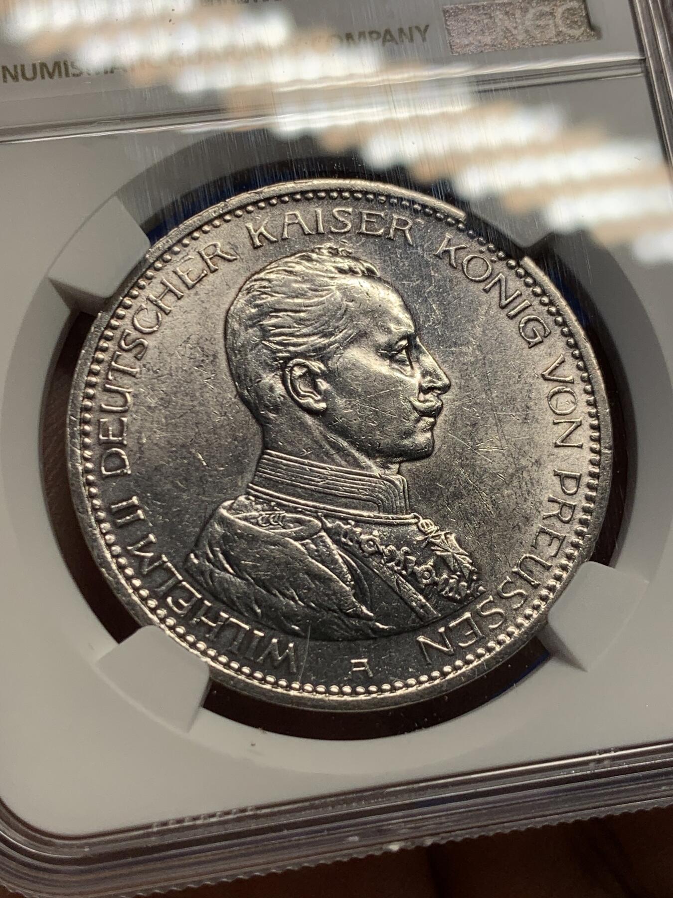 《竞宝斋》第419场 周日，周一，2场连拍 （全场包邮） NGC UNCD 德国 1914年 普鲁士威廉二世军装5马克银币