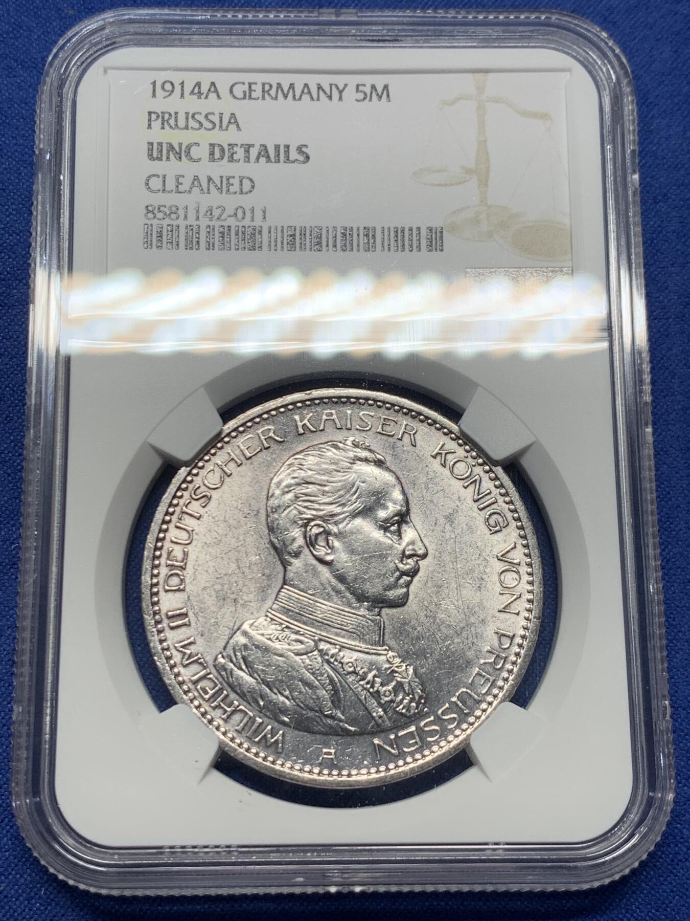 《竞宝斋》第419场 周日，周一，2场连拍 （全场包邮） NGC UNCD 德国 1914年 普鲁士威廉二世军装5马克银币