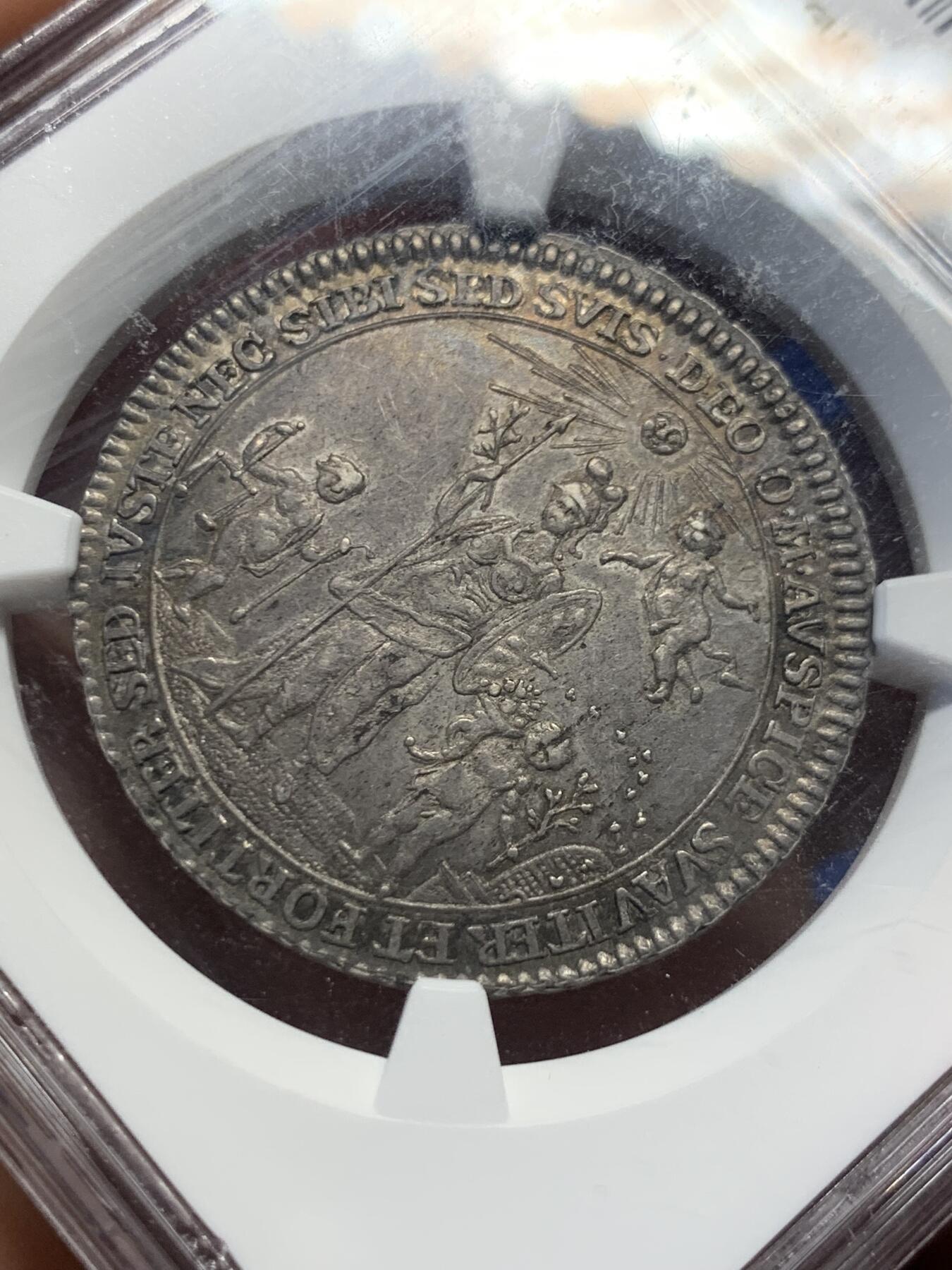 《竞宝斋》第419场 周日，周一，2场连拍 （全场包邮） NGC MS61 德国1770年施佩尔主教区雅典娜与天使1/2泰勒一年型，压铸细节出色，巴洛克风格泰勒，发行量仅5000枚