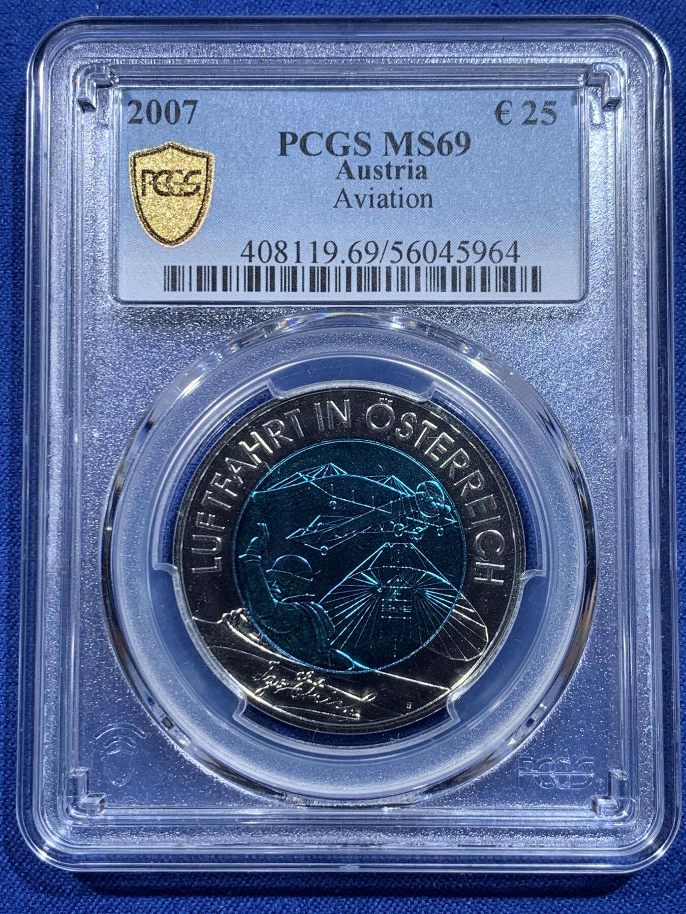 《竞宝斋》第419场 周日，周一，2场连拍 （全场包邮） PCGS MS69 2007年奥地利航海双金属币 中心铌 环900银 16.5克 34毫米
