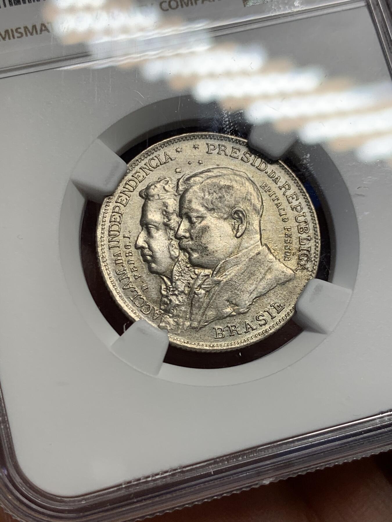 《竞宝斋》第419场 周日，周一，2场连拍 （全场包邮） NGC UNC 巴西1922年建国百年纪念2000R银币
