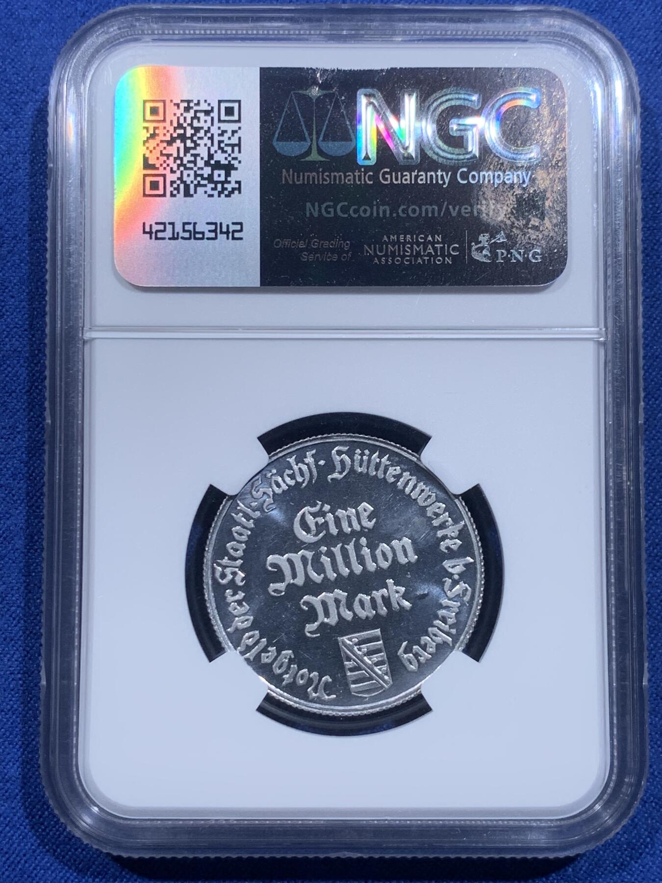 《竞宝斋》第419场 周日，周一，2场连拍 （全场包邮） NGC MS65 德国德紧 1923年 弗莱贝格 精制100万马克 不同于普通高分的稀少强镜面铝币！