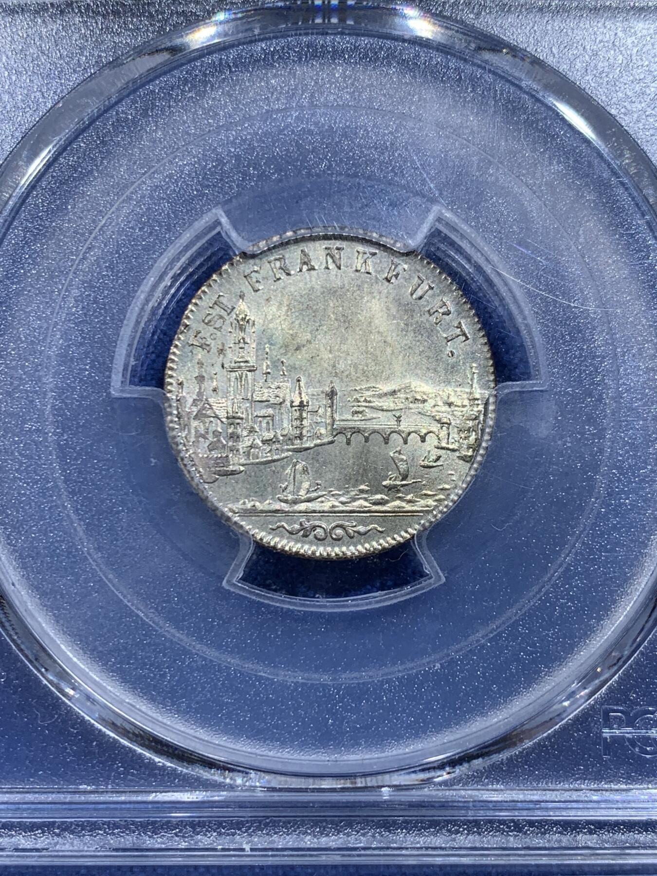 《竞宝斋》第419场 周日，周一，2场连拍 （全场包邮） PCGS MS64 德国 1853年 法兰克福6克鲁泽景观银币 币面非常漂亮