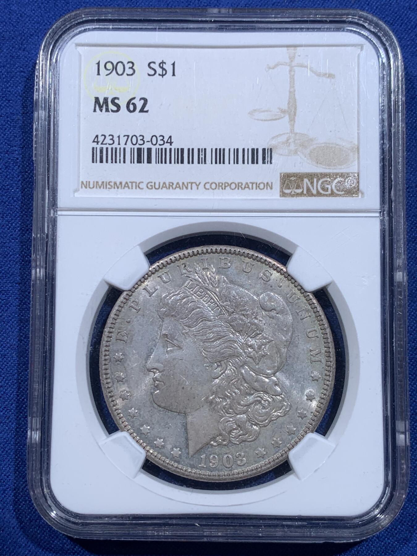 《竞宝斋》第419场 周日，周一，2场连拍 （全场包邮） NGC MS62 美国 1903年 摩根 1美元 银币