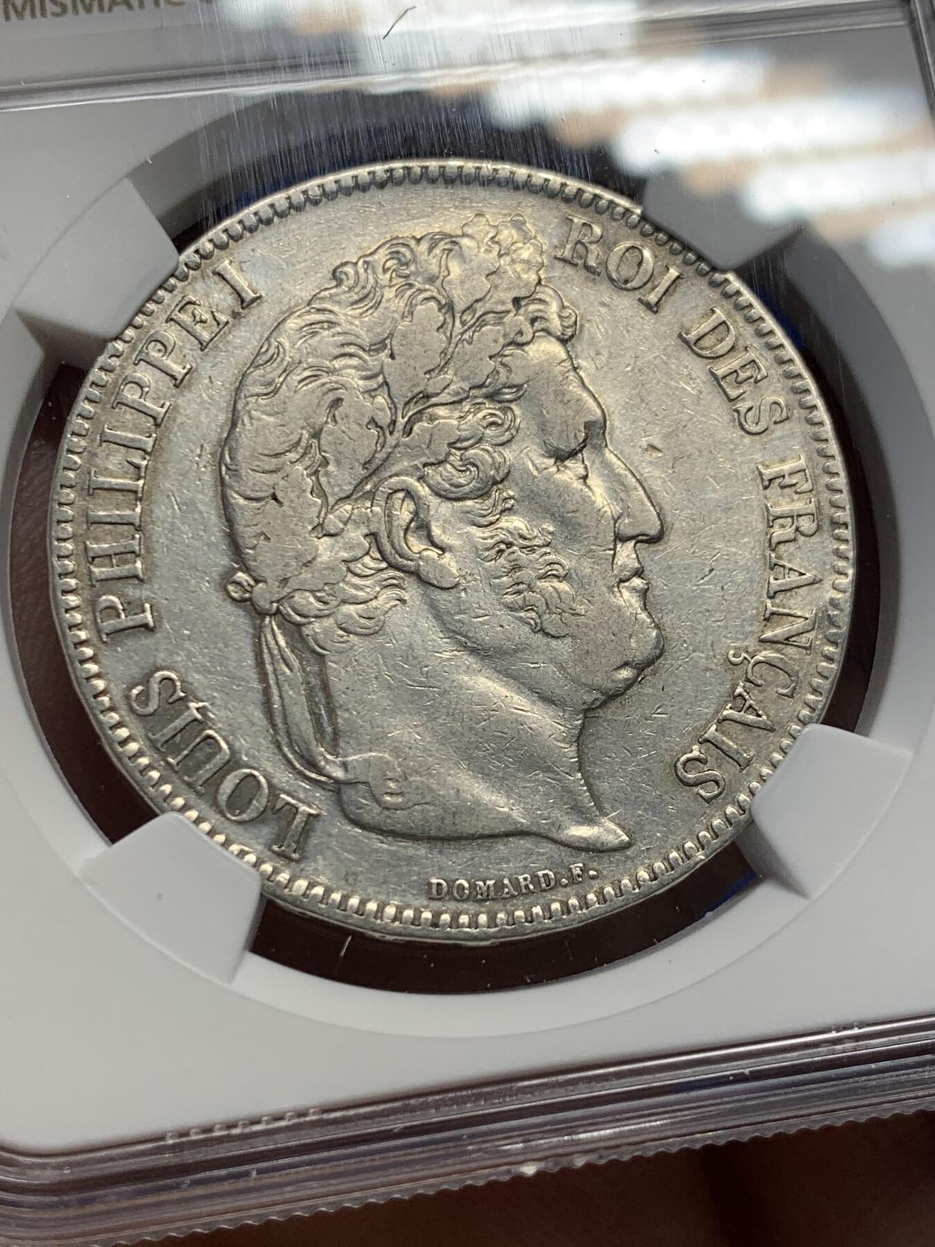 《竞宝斋》第419场 周日，周一，2场连拍 （全场包邮） NGC XF 法国1839年菲利普一世5法郎大银币