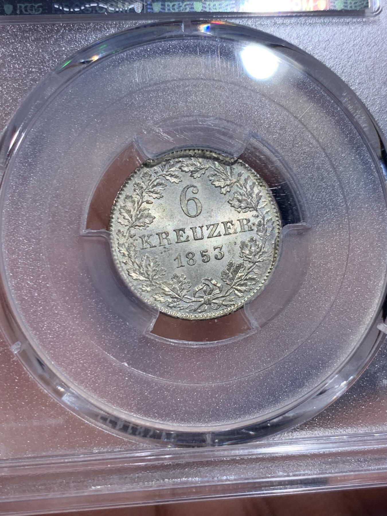 《竞宝斋》第419场 周日，周一，2场连拍 （全场包邮） PCGS MS64 德国 1853年 法兰克福6克鲁泽景观银币 币面非常漂亮