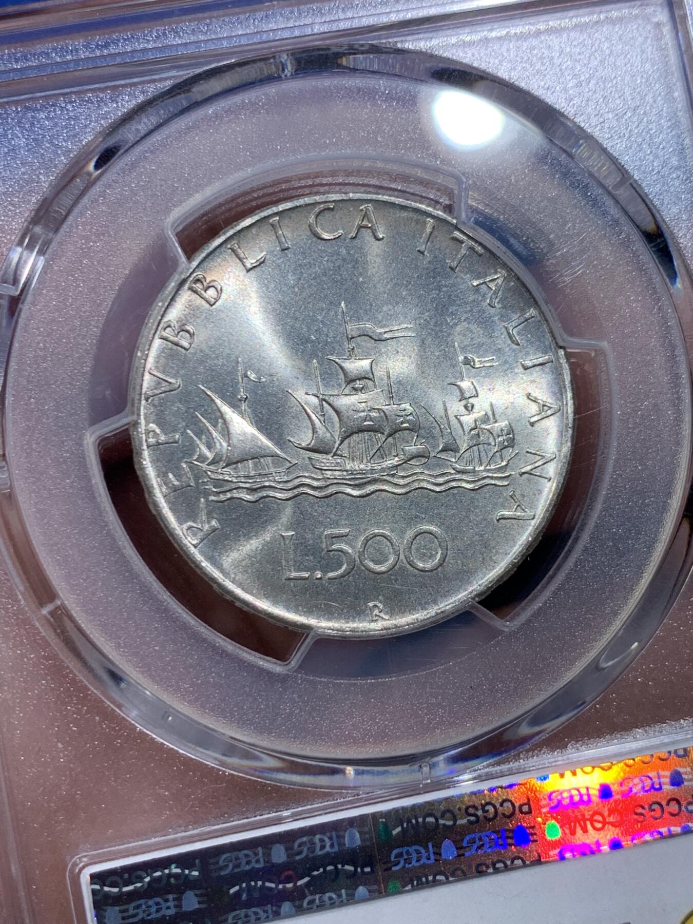 《竞宝斋》第419场 周日，周一，2场连拍 （全场包邮） PCGS MS67 意大利500里拉银币 1970哥伦布文艺复兴少女 卷拆车轮光高分！