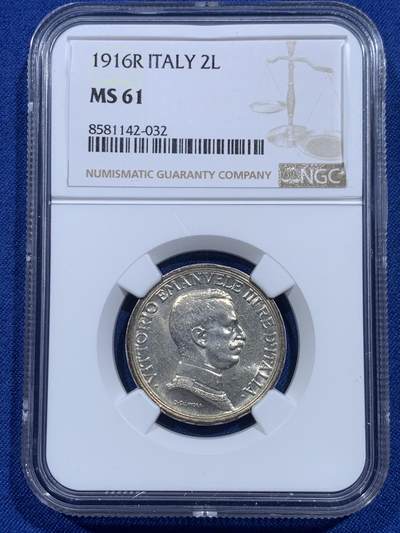 《竞宝斋》第419场 周日，周一，2场连拍 （全场包邮） - NGC MS61 意大利 1916 马车 2里拉 银币 埃马努埃莱三世