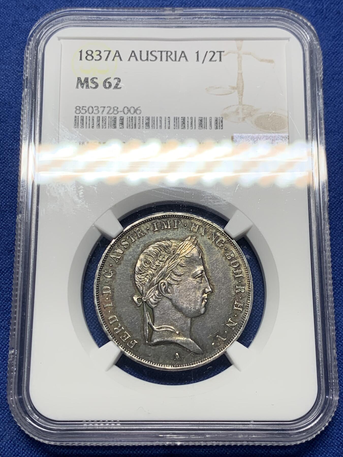 《竞宝斋》第419场 周日，周一，2场连拍 （全场包邮） 唯一冠军分 NGC MS62 奥地利帝国 1837年  斐迪南一世 1/2泰勒银币 也是唯一的入盒记录 费超稀少的品种