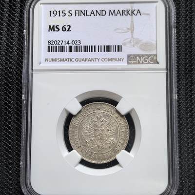 道一币馆币章第一百四十六场 - NGC MS62 芬兰1915年双头鹰1马克银币