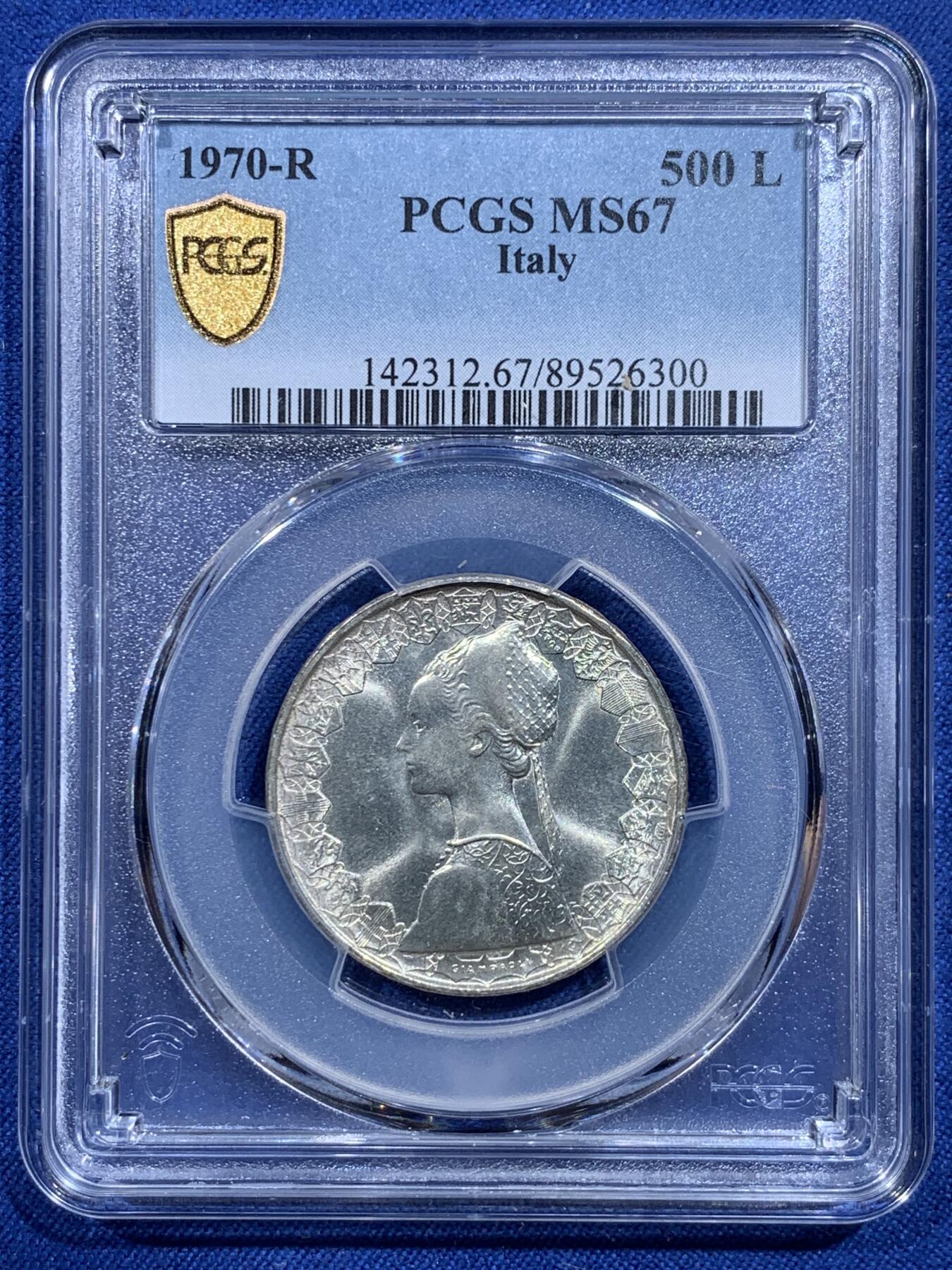 《竞宝斋》第419场 周日，周一，2场连拍 （全场包邮） PCGS MS67 意大利500里拉银币 1970哥伦布文艺复兴少女 卷拆车轮光高分！