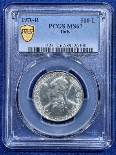 《竞宝斋》第419场 周日，周一，2场连拍 （全场包邮） - PCGS MS67 意大利500里拉银币 1970哥伦布文艺复兴少女 卷拆车轮光高分！