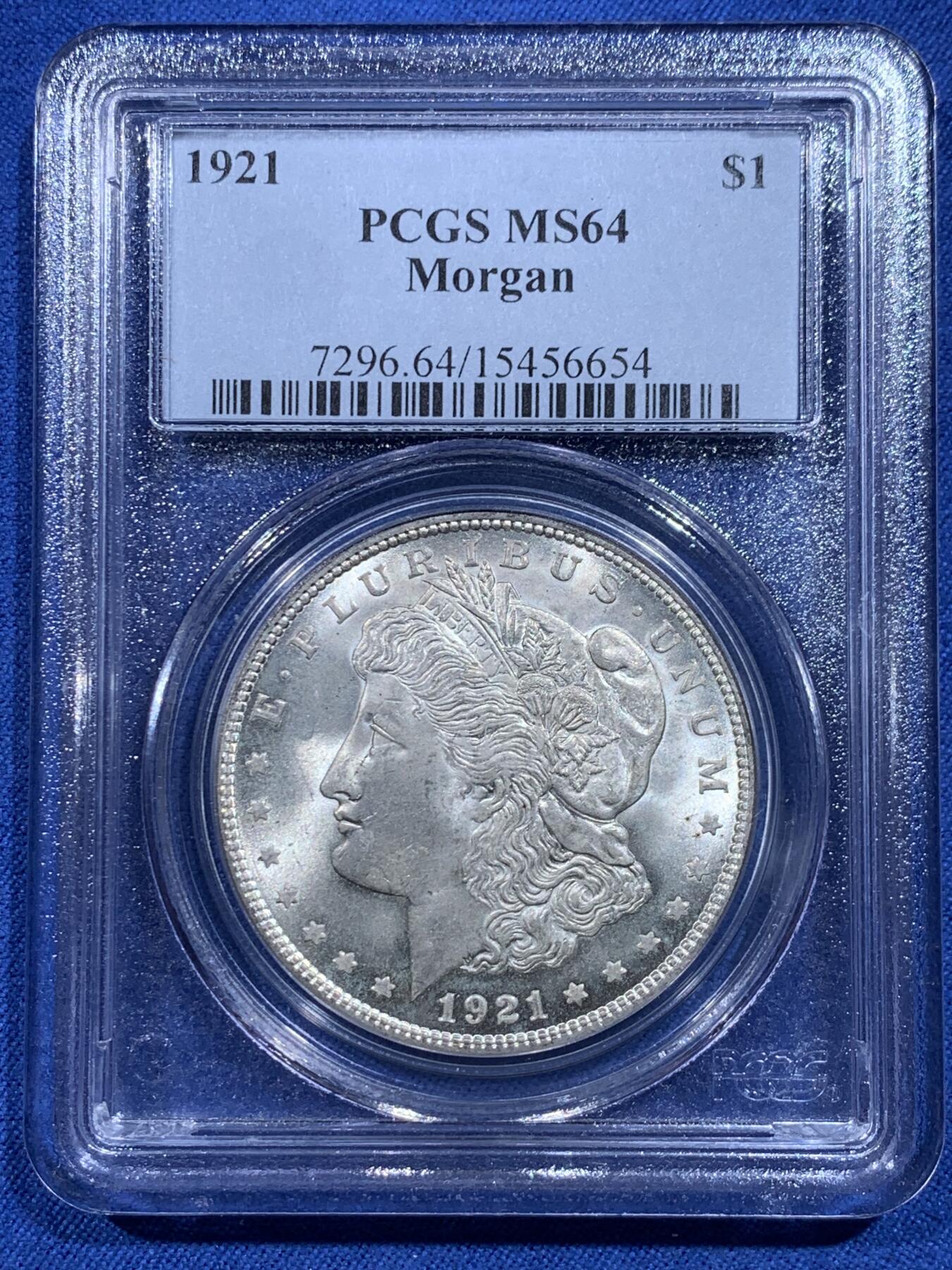 《竞宝斋》第419场 周日，周一，2场连拍 （全场包邮） PCGS MS64 美国1921年摩根银元 老盒好状态