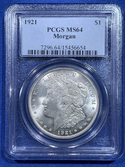 《竞宝斋》第419场 周日，周一，2场连拍 （全场包邮） - PCGS MS64 美国1921年摩根银元 老盒好状态