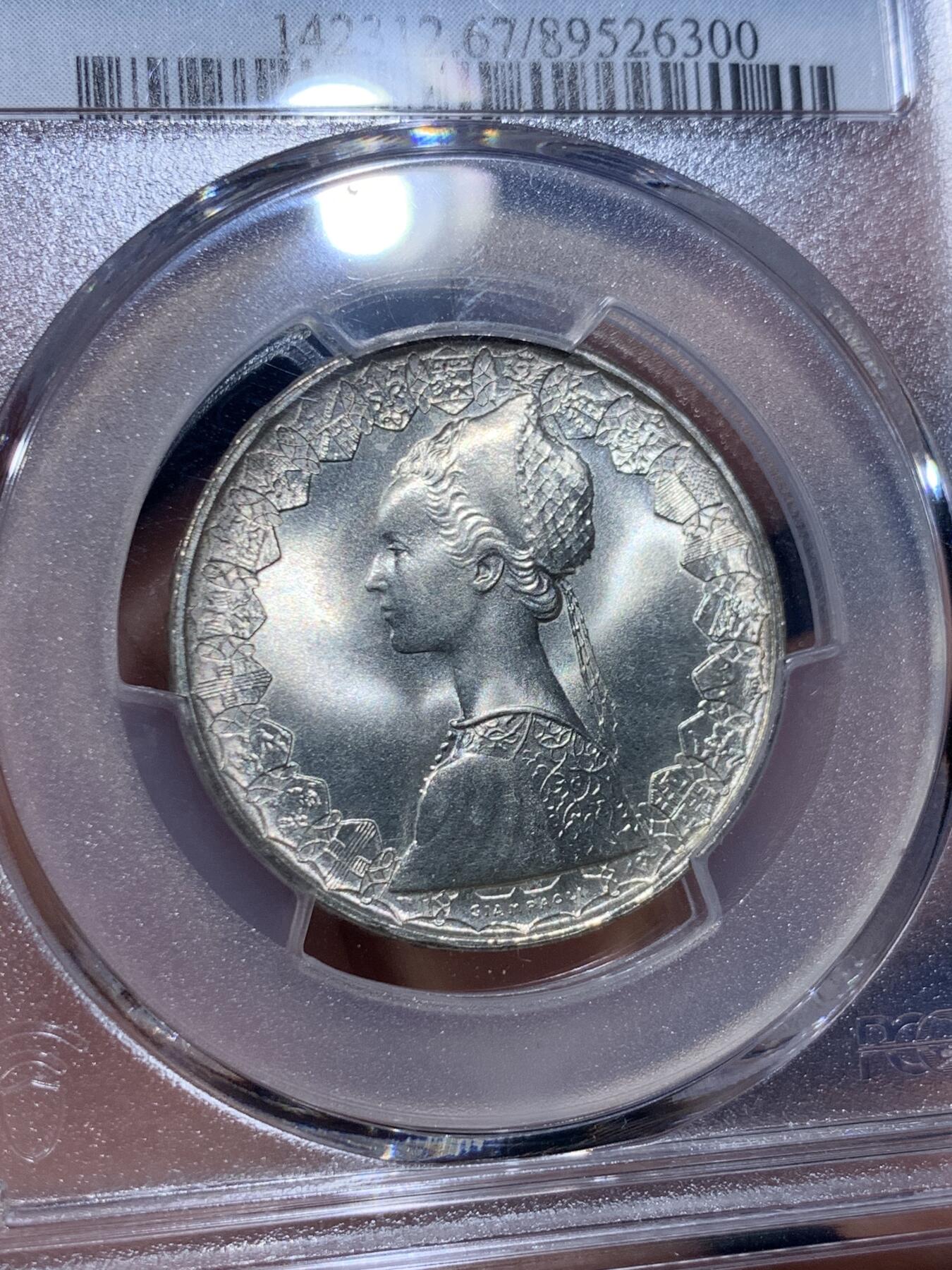 《竞宝斋》第419场 周日，周一，2场连拍 （全场包邮） PCGS MS67 意大利500里拉银币 1970哥伦布文艺复兴少女 卷拆车轮光高分！