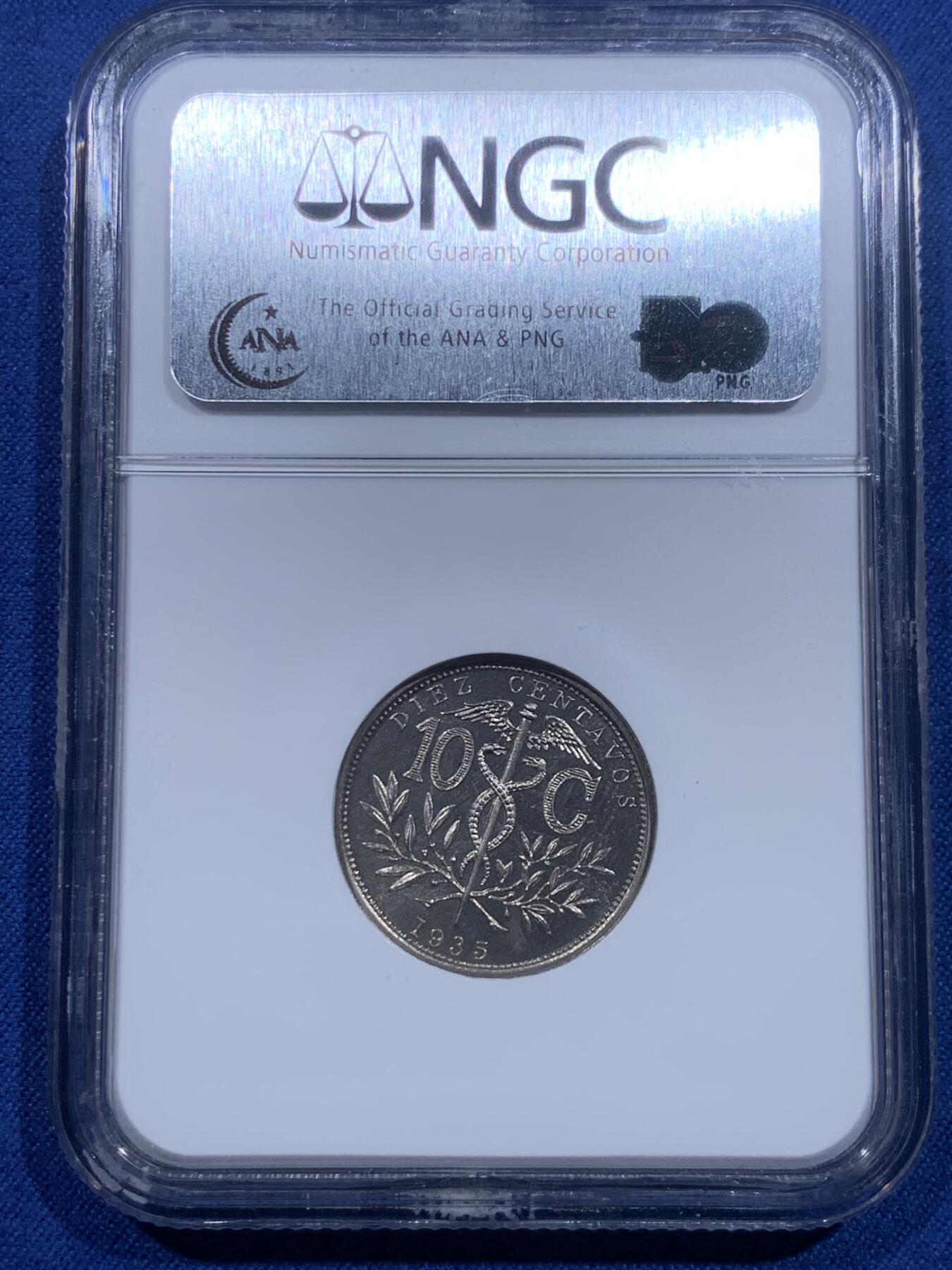 《竞宝斋》第419场 周日，周一，2场连拍 （全场包邮） NGC-PF66 1935年玻利维亚10分精制币 NGC老盒，顶级高分 是近代南美洲不可错过的一枚