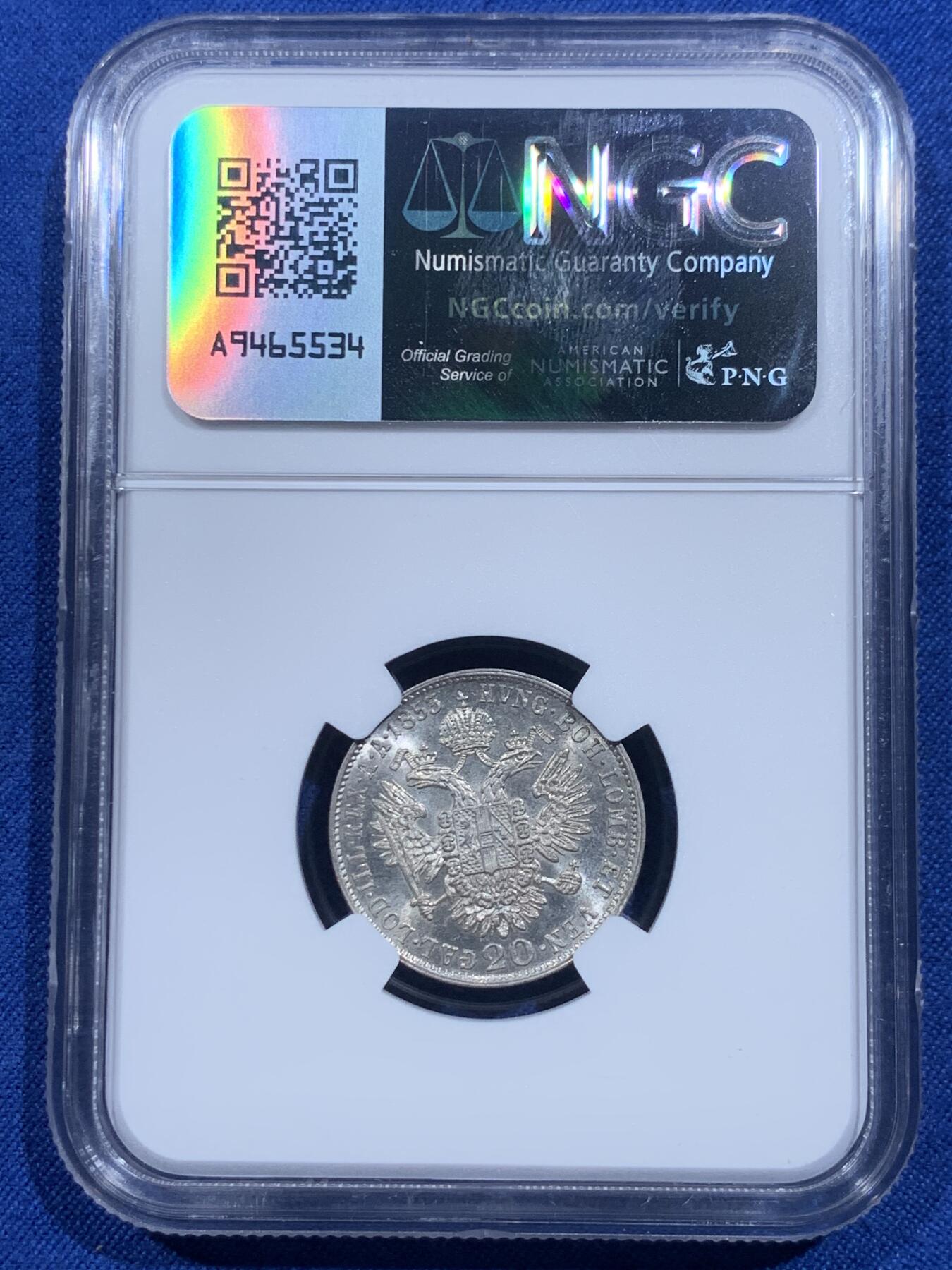 《竞宝斋》第419场 周日，周一，2场连拍 （全场包邮） NGC MS64 神圣罗马帝国 奥地利 1853年 弗朗茨约瑟夫一世 20克鲁泽银币 去年昆克裸币拍过2600成交 奥地利王国早期品种好品成交价普遍不低