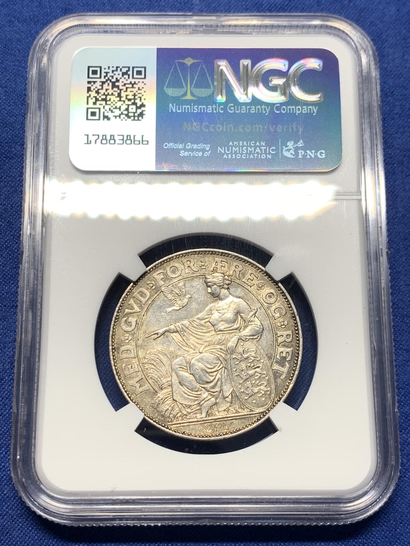 《竞宝斋》第419场 周日，周一，2场连拍 （全场包邮） NGC AU58 丹麦1903年克里斯蒂安九世在位40周年2克朗银币