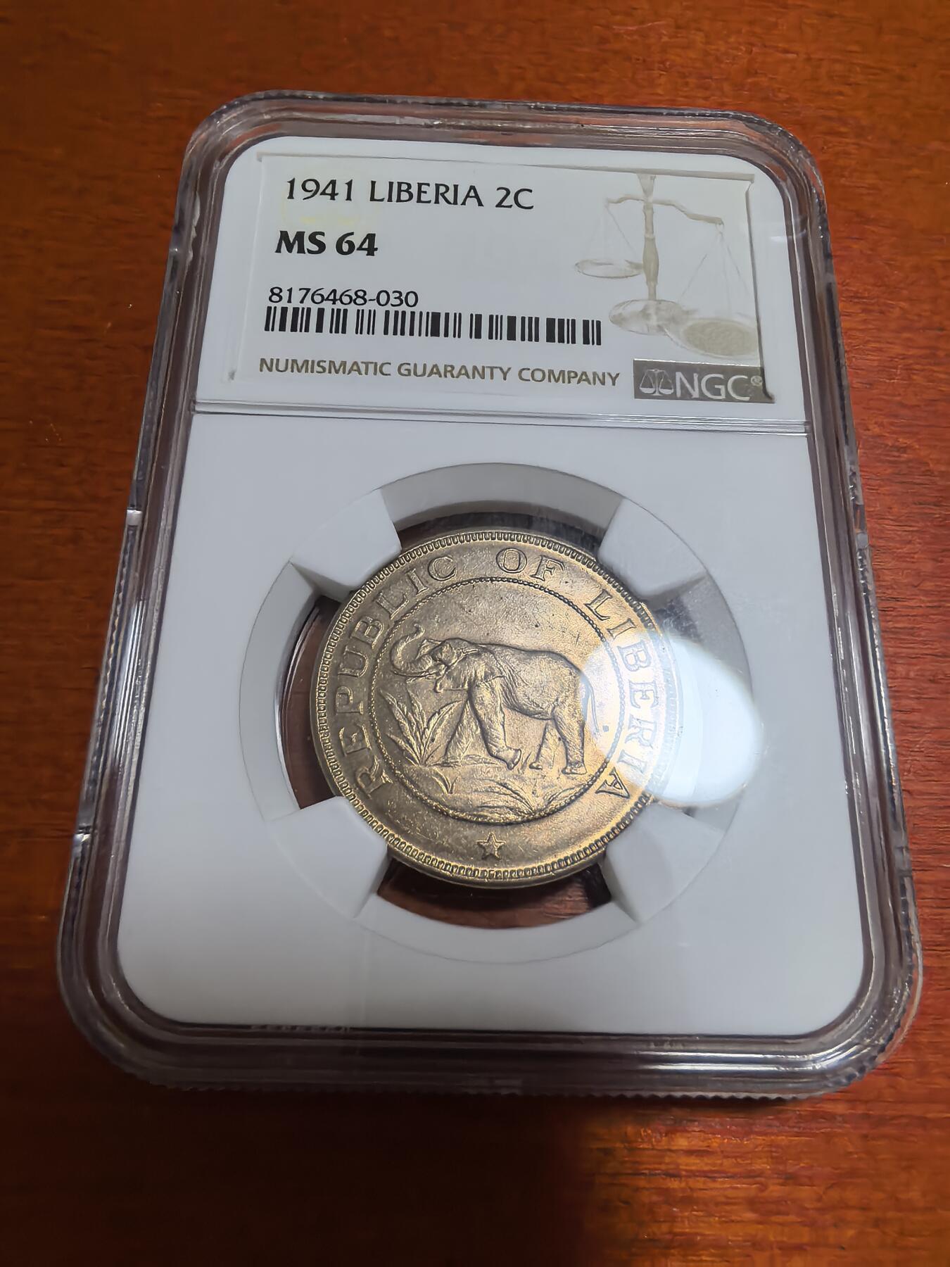 长老汇蛇年精选第四十六场拍卖 1941 利比里亚大象2分铜镍币，NGC MS64