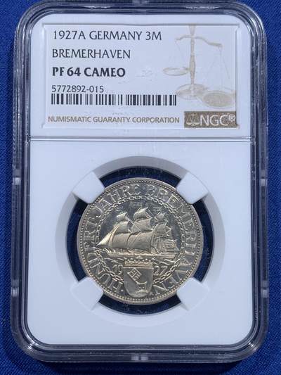 《竞宝斋》第419场 周日，周一，2场连拍 （全场包邮） - NGC PF64CAMEO 德国 1927年 不来梅港精制3马克银币 无需多言的CAMEO效果
