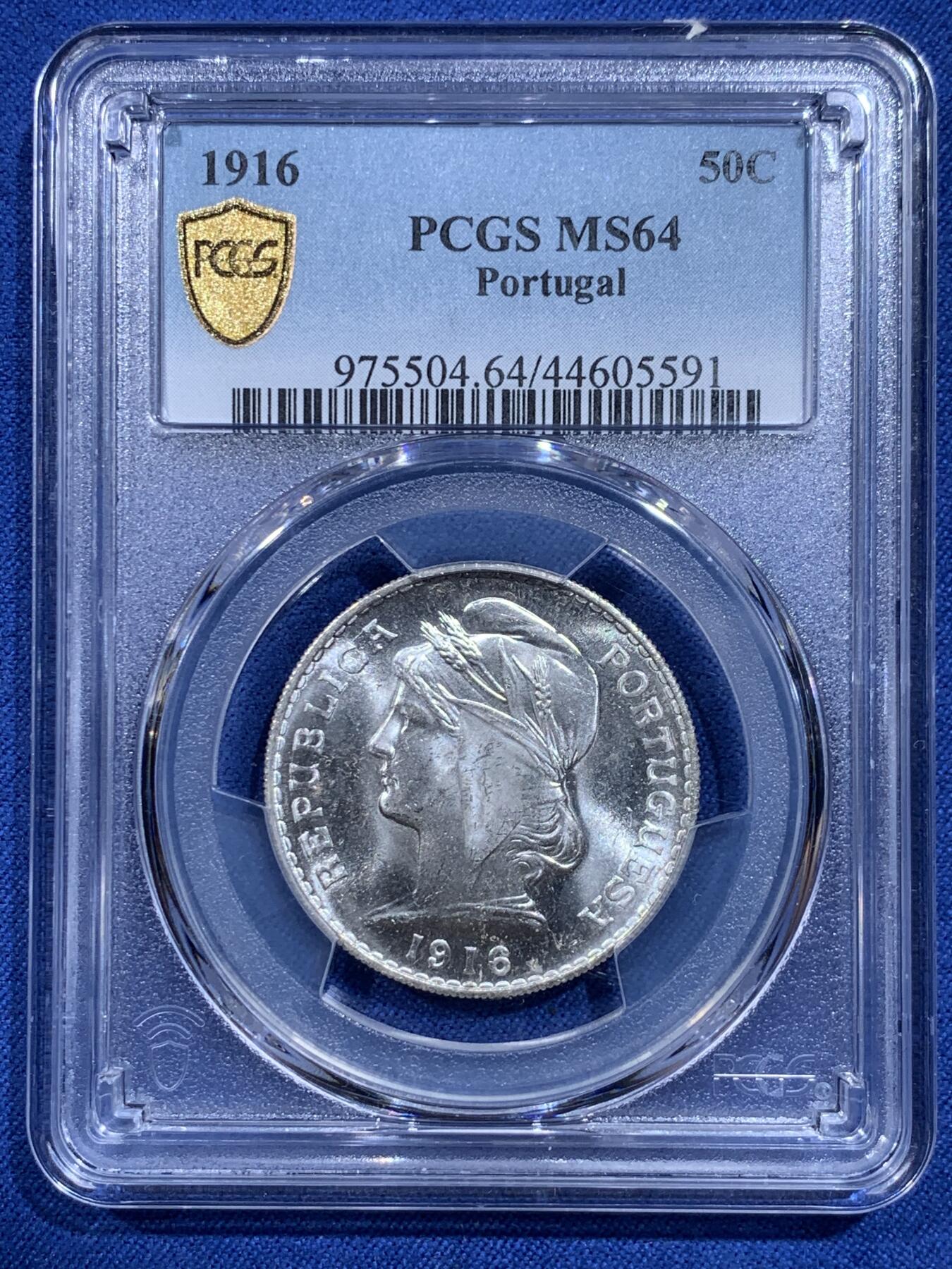 《竞宝斋》第419场 周日，周一，2场连拍 （全场包邮） PCGS MS64 葡萄牙1916年谷物女神50分银币
