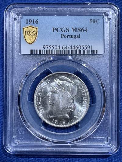 《竞宝斋》第419场 周日，周一，2场连拍 （全场包邮） - PCGS MS64 葡萄牙1916年谷物女神50分银币