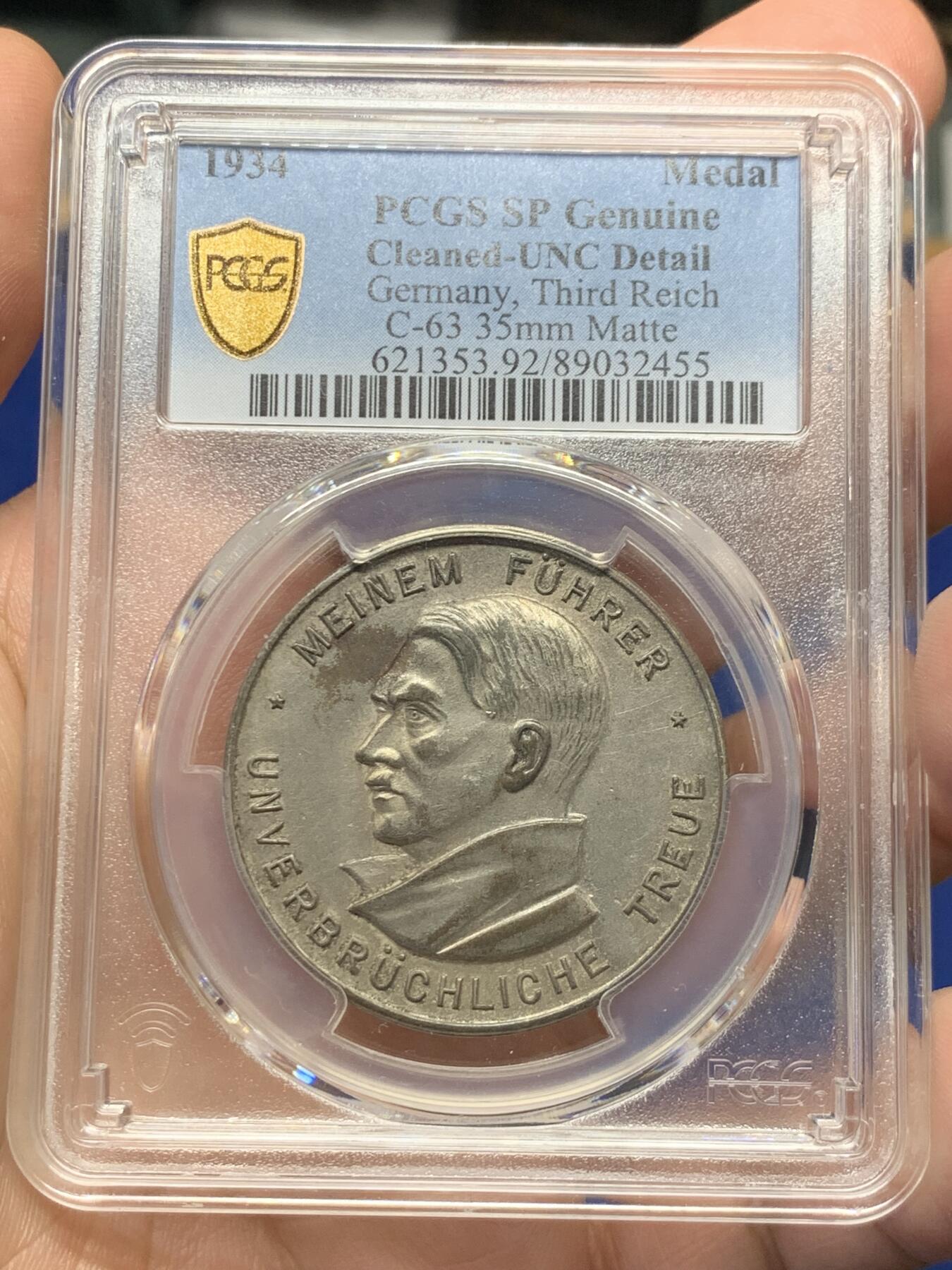 《竞宝斋》第419场 周日，周一，2场连拍 （全场包邮） PCGS UNC 德国1934年落榜美术生就职镀银纪念章