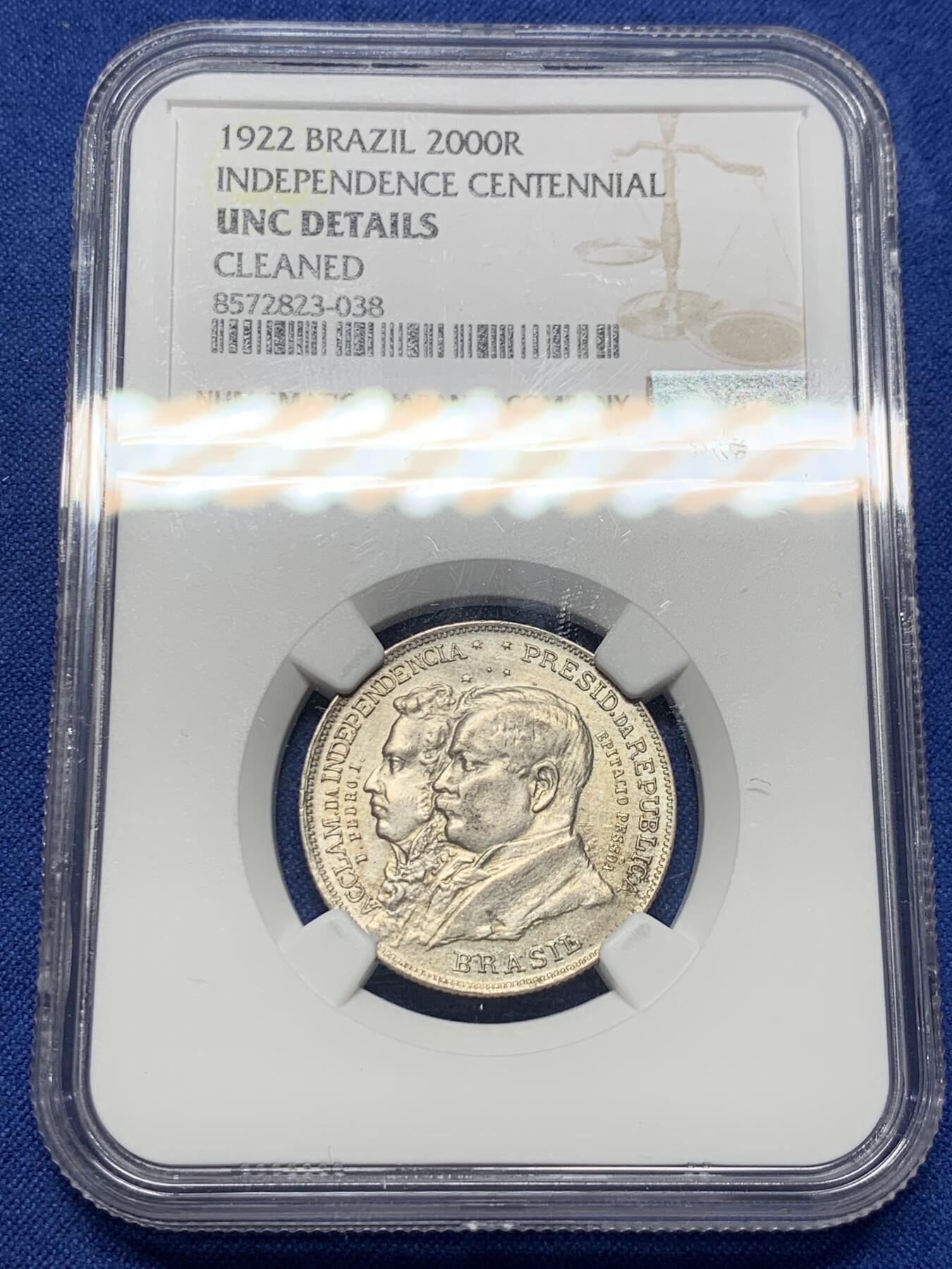 《竞宝斋》第419场 周日，周一，2场连拍 （全场包邮） NGC UNC 巴西1922年建国百年纪念2000R银币