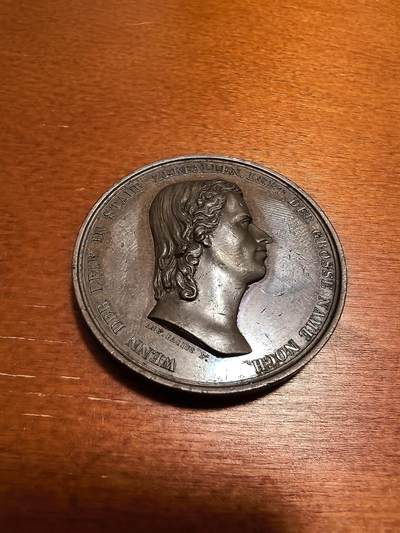 长老汇蛇年精选第四十六场拍卖 - 1847德国席勒超高浮雕铜章，38.6克，42.5MM，背面是其在魏玛的故居，女雕刻师Angelica Facius