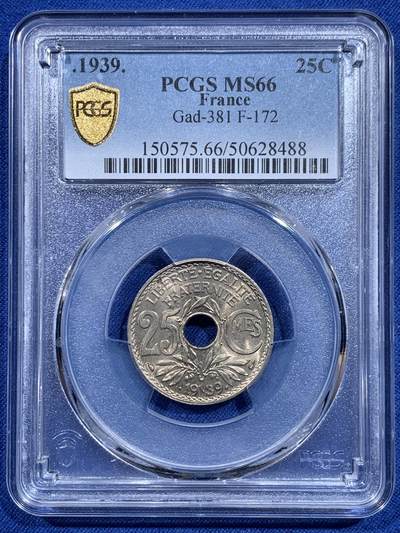 《竞宝斋》第419场 周日，周一，2场连拍 （全场包邮） - PCGS MS66 法国1939年25生丁镍币 好品不多见
