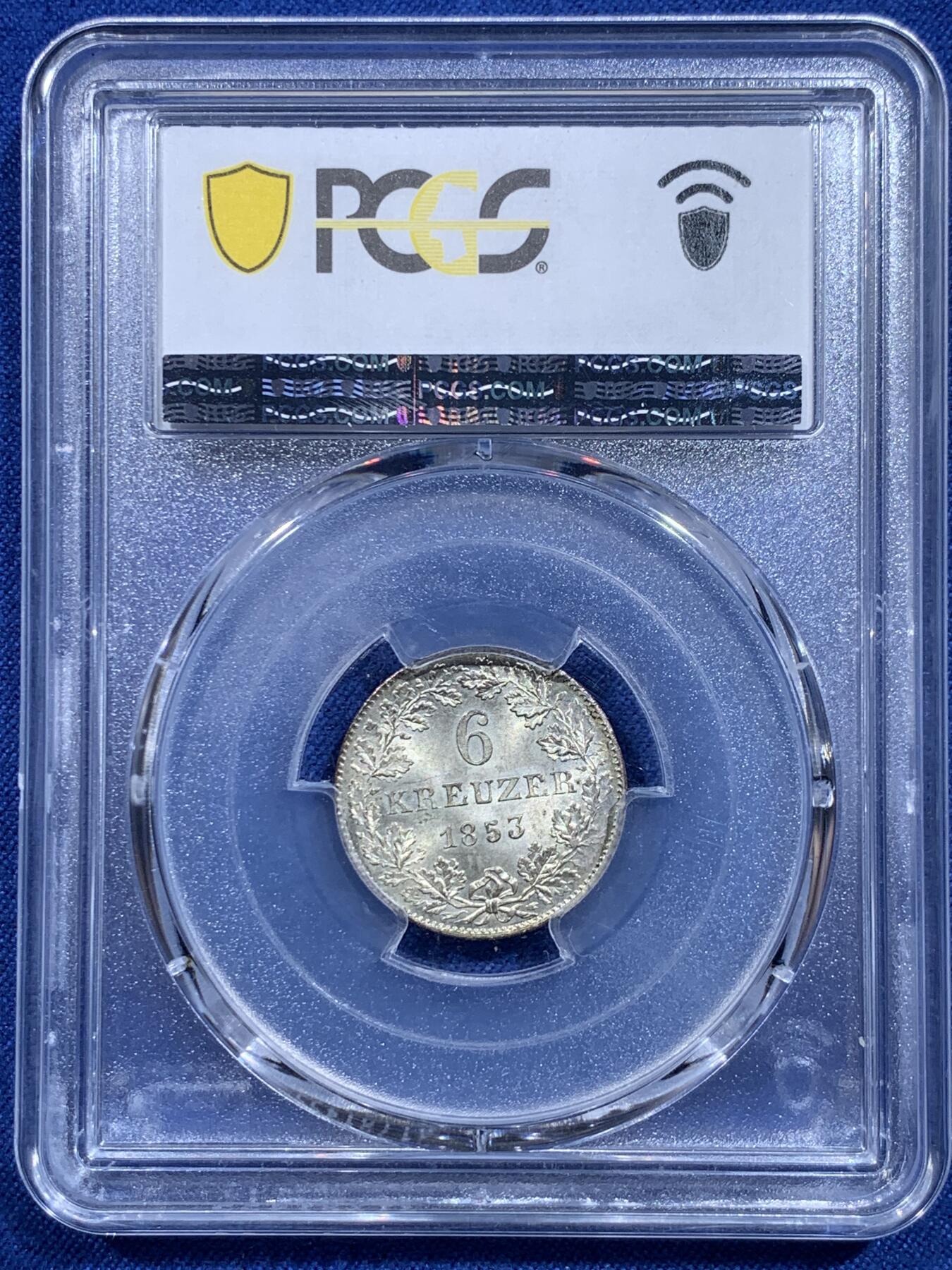 《竞宝斋》第419场 周日，周一，2场连拍 （全场包邮） PCGS MS64 德国 1853年 法兰克福6克鲁泽景观银币 币面非常漂亮