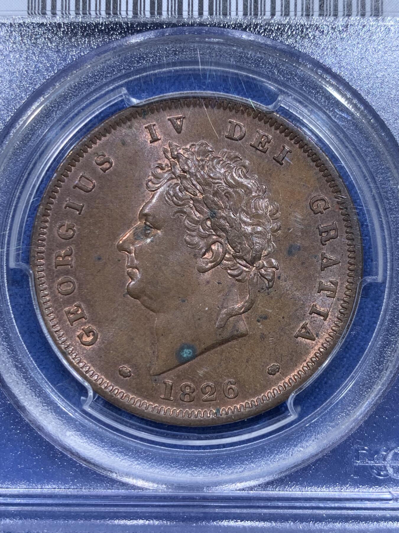 《竞宝斋》第419场 周日，周一，2场连拍 （全场包邮） PCGS MS62BN 英国 1826年 乔治四世 便士大铜币 早期大铜币保存不易 上MS少