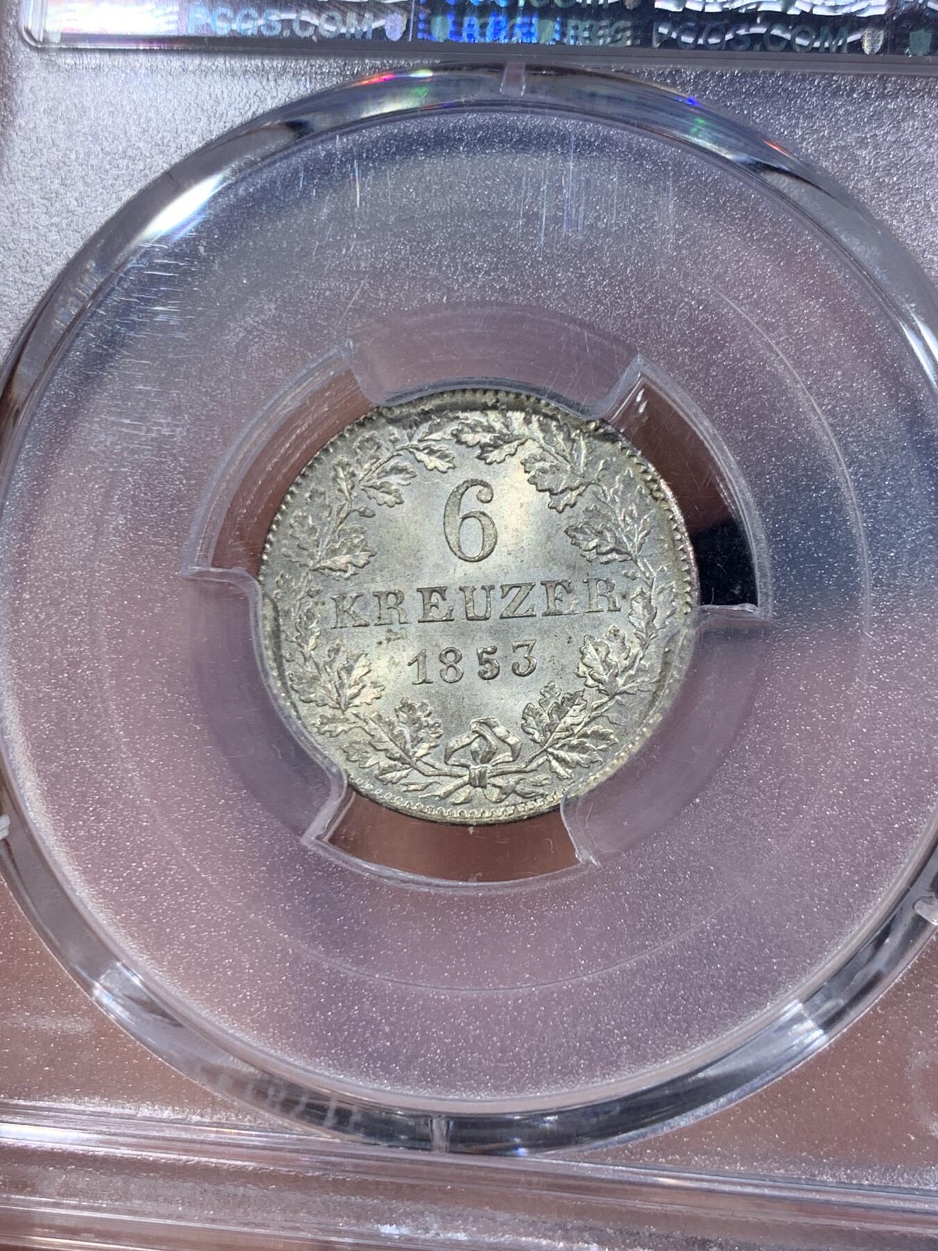 《竞宝斋》第419场 周日，周一，2场连拍 （全场包邮） PCGS MS64 德国 1853年 法兰克福6克鲁泽景观银币 币面非常漂亮