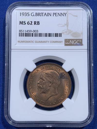 《竞宝斋》第419场 周日，周一，2场连拍 （全场包邮） - NGC MS62RB 英国1935年乔治五世便士，曝光好品，略有低评