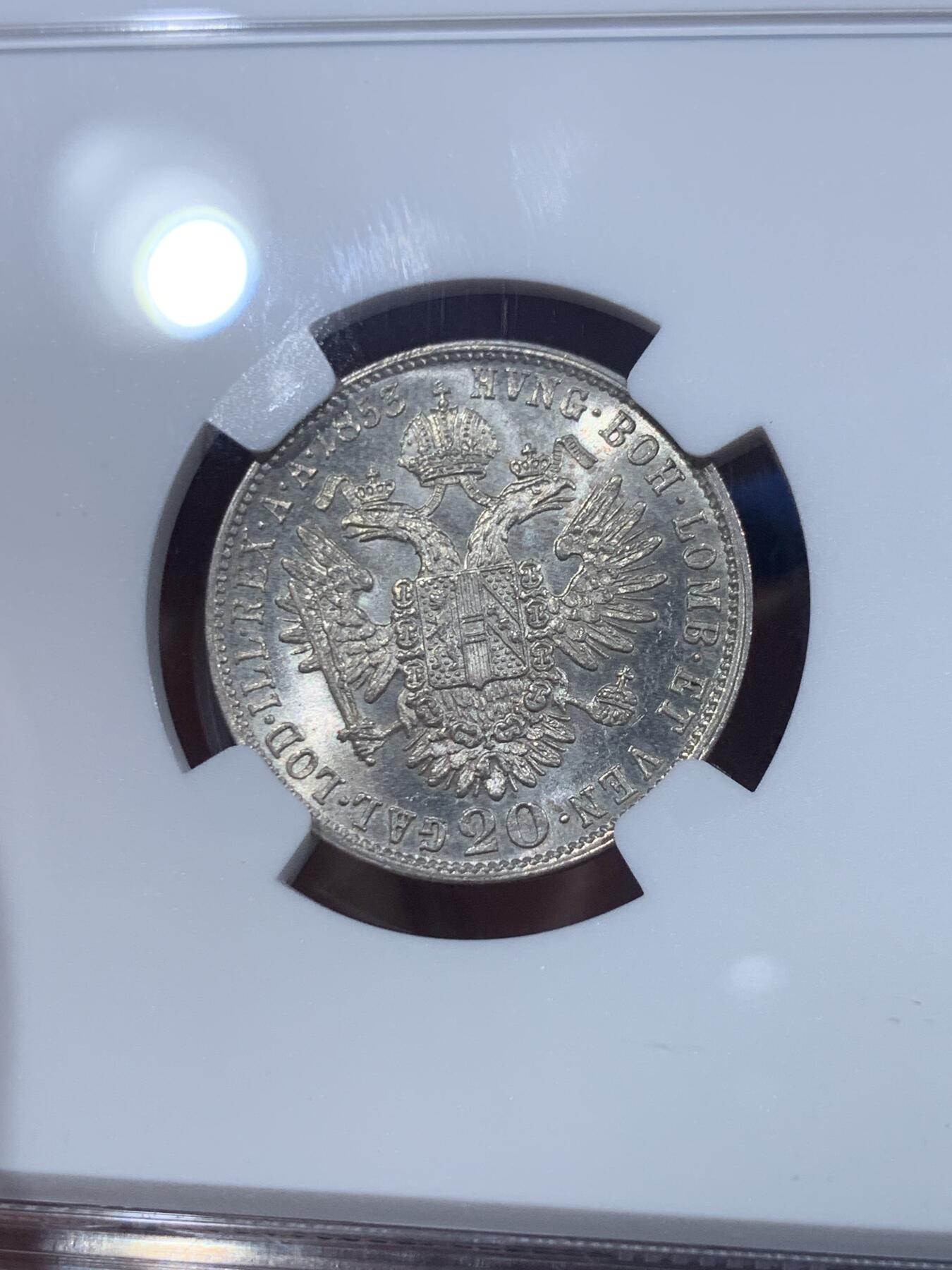 《竞宝斋》第419场 周日，周一，2场连拍 （全场包邮） NGC MS64 神圣罗马帝国 奥地利 1853年 弗朗茨约瑟夫一世 20克鲁泽银币 去年昆克裸币拍过2600成交 奥地利王国早期品种好品成交价普遍不低