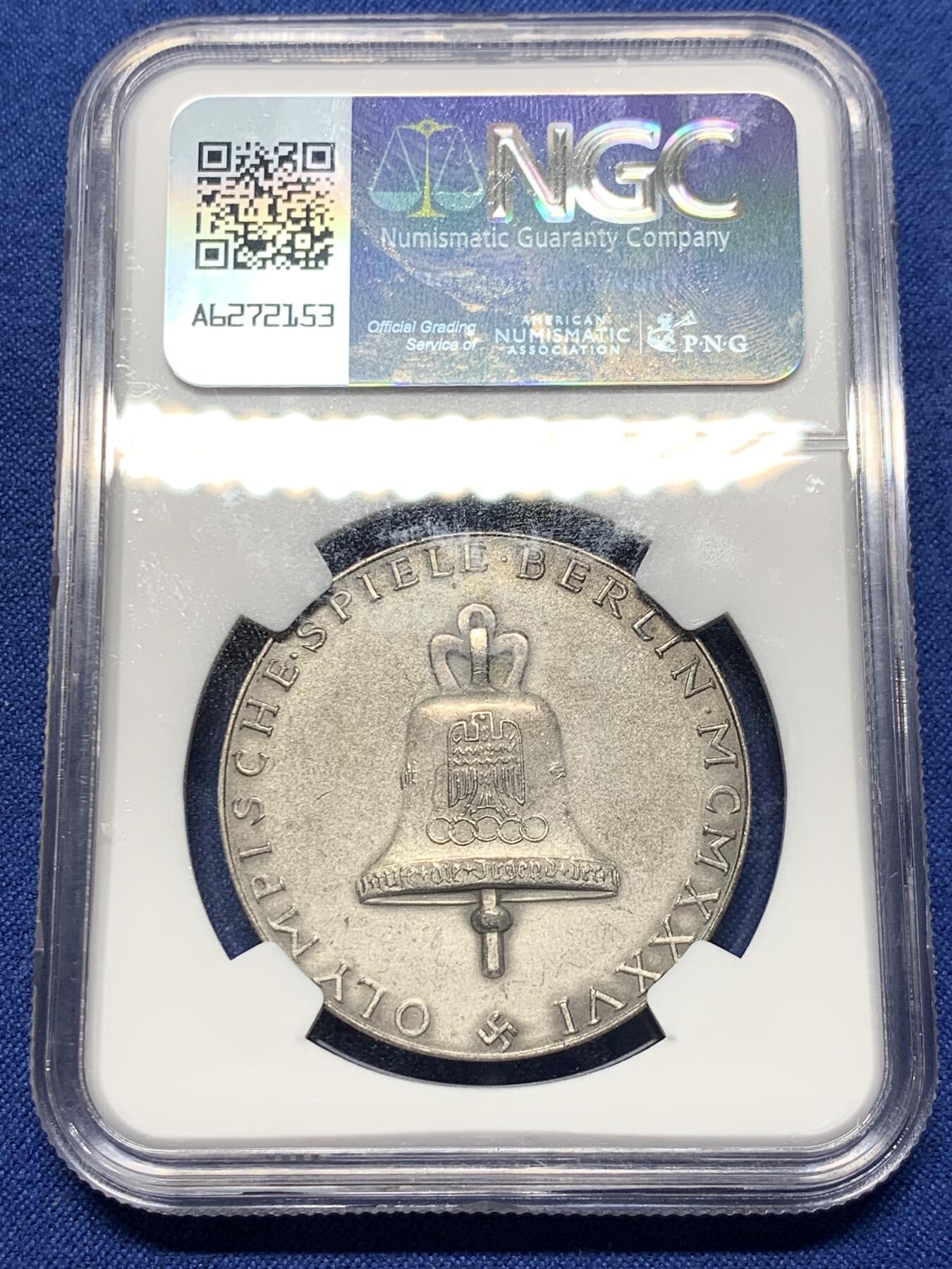《竞宝斋》第419场 周日，周一，2场连拍 （全场包邮） NGC MS62 德国1936年民族社会主义工人党奥林匹克运动会纪念银章 个人认为ngc低评
