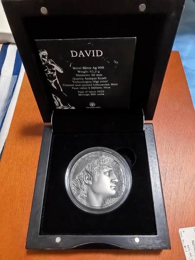 长老汇蛇年精选第四十六场拍卖 2022纽埃大卫5元仿古高浮雕银币，2盎司999银，盒证全，500枚，立陶宛造币厂