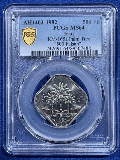 《竞宝斋》第419场 周日，周一，2场连拍 （全场包邮） - PCGS MS64 伊拉克1982年椰树500费尔 经典菱形边设计 通货常见 出分不易 适合配套