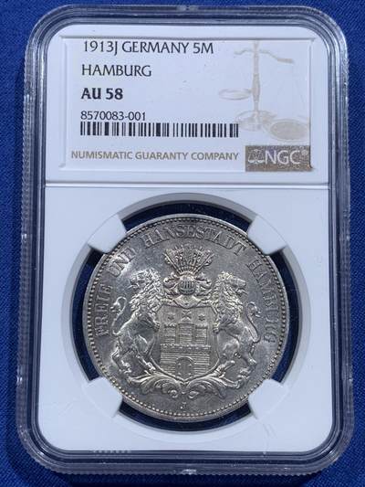 《竞宝斋》第419场 周日，周一，2场连拍 （全场包邮） - NGC AU58 德国 1913 汉堡 长翅 5马克 银币 品相不错 疑似低评