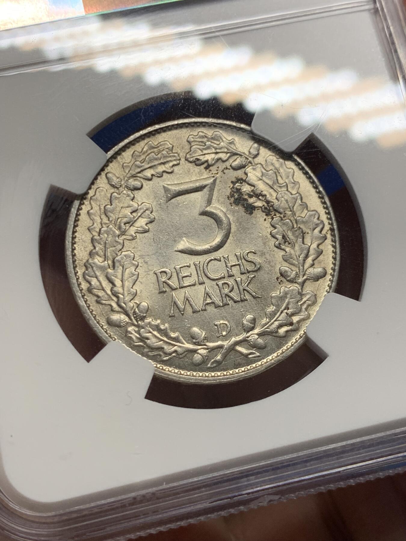 《竞宝斋》第419场 周日，周一，2场连拍 （全场包邮） NGC UNCD 德国 1925年 莱茵 3马克 银币