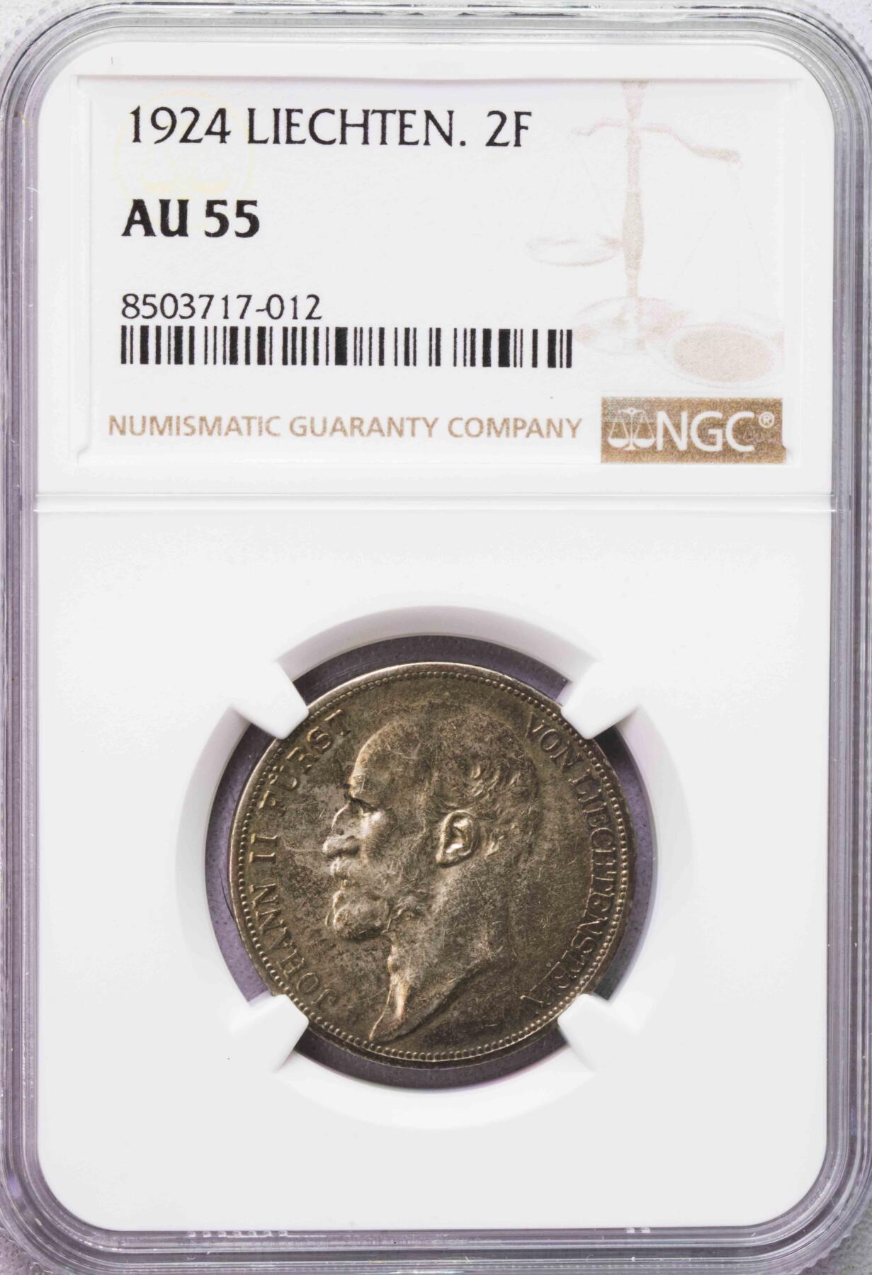NGC-AU55 1924列支敦士登2法郎银币 法郎版