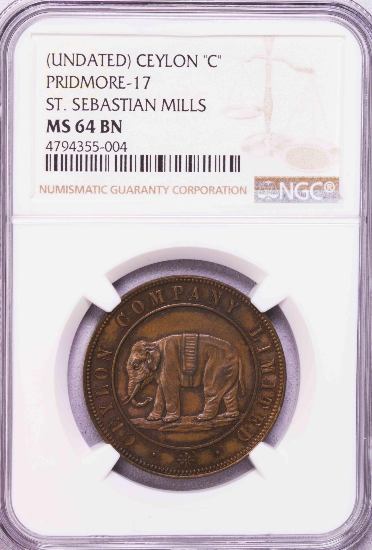 NGC-MS64BN/62BN 1866锡兰大象代用币三枚套