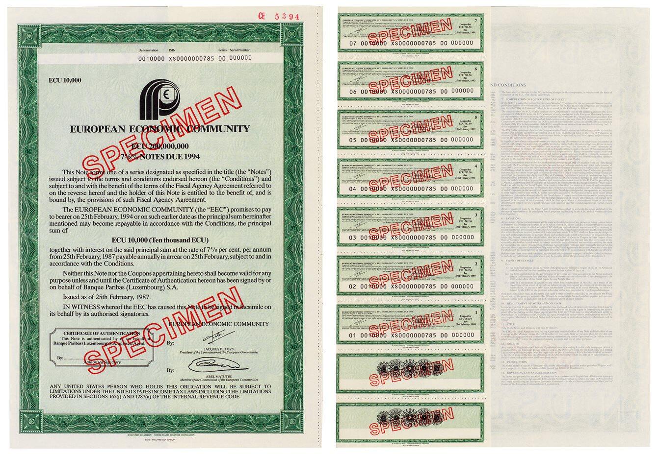 中贸圣佳2025四季消夏拍卖会钱币专场拍品 1987年 欧洲经济共同体（EUROPEAN ECONOMIC COMMUNITY，简称EEC）债券样票