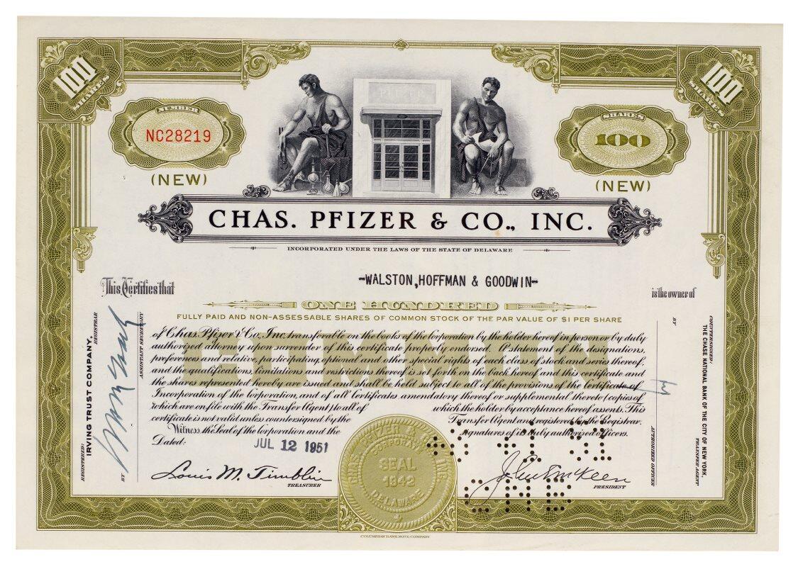 中贸圣佳2025四季消夏拍卖会钱币专场拍品 1951年 辉瑞公司（CHAS. PFIZER & CO., INC.）股票证书