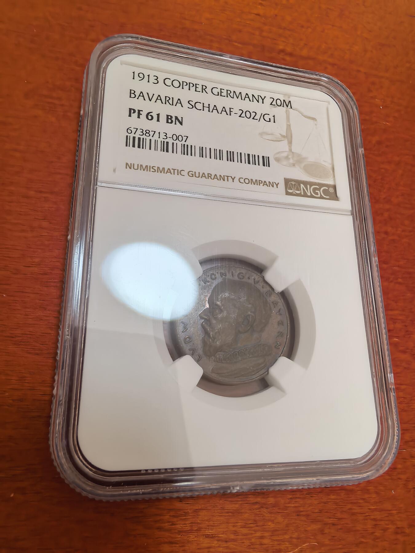 长老汇蛇年精选第四十七场拍卖 1913德国巴伐利亚-莎菲20马克精制铜样币，NGC PF61BN，脑门有一横