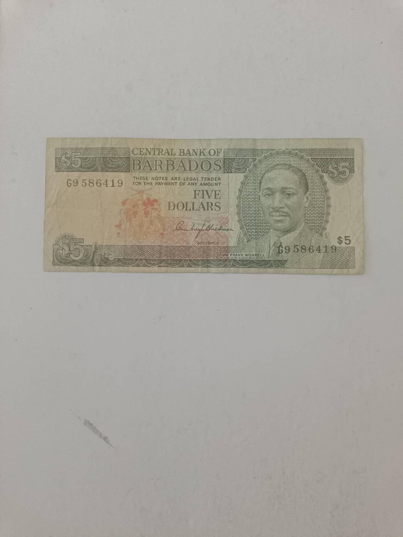 【20250919】非全新纸币第287场 巴巴多斯早期5元
